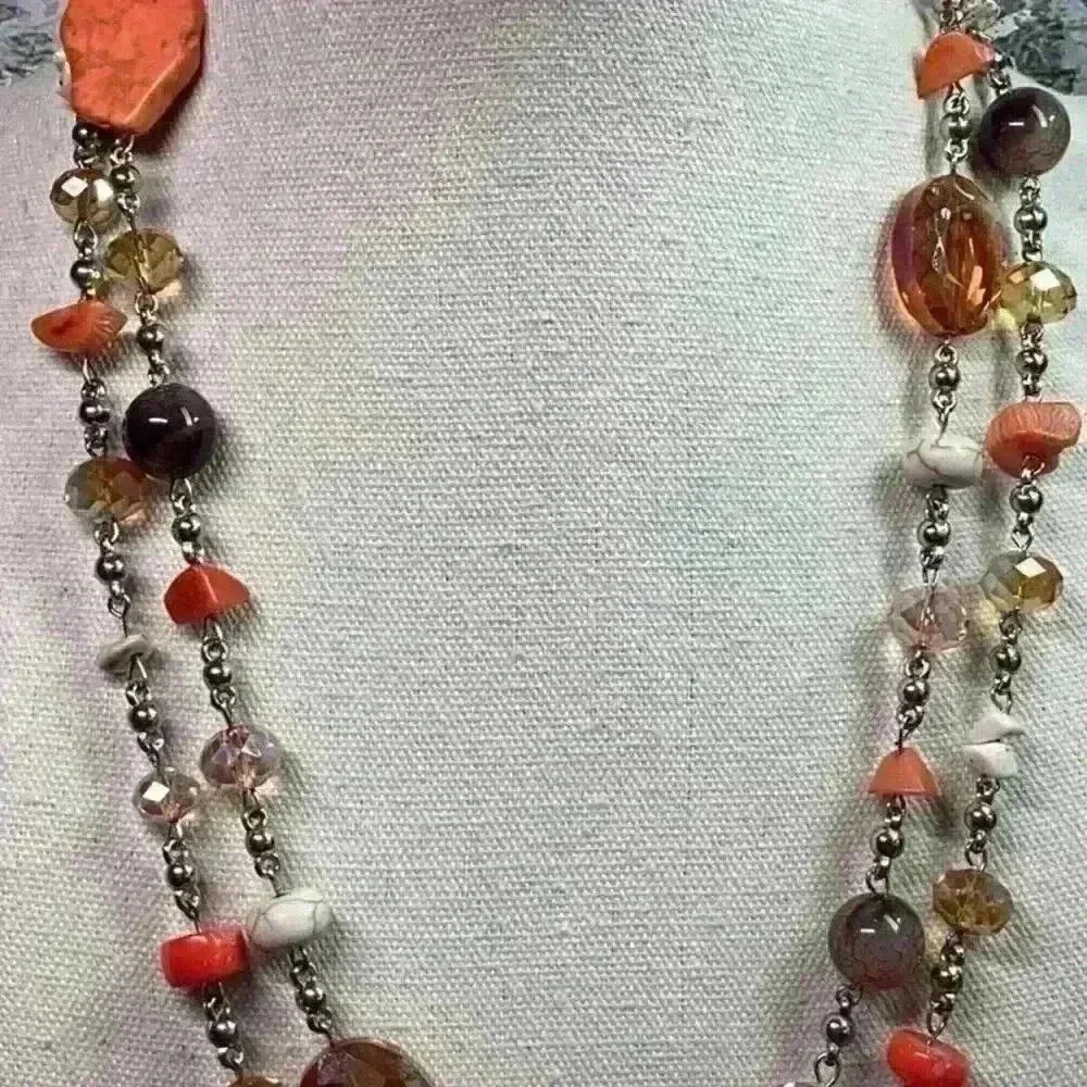 Orange and Silver Glass and Stone Necklace - Picture 4 of 5